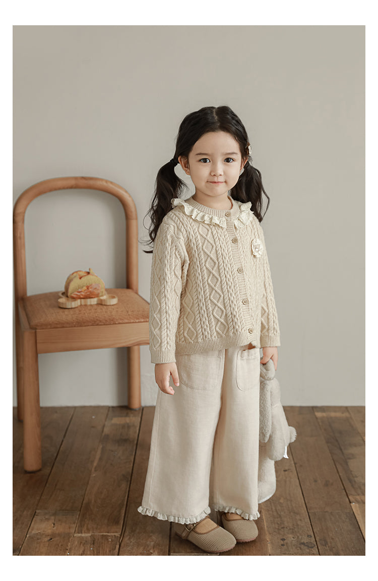 Girls Linen Blend Trousers with Ruffled Lace Hem, Oat
