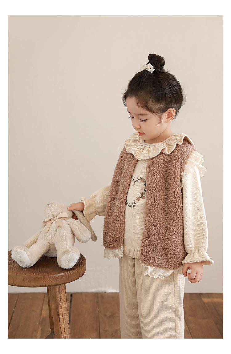 Girls Lace Trim Faux Shearling Teddy Vest, Latte