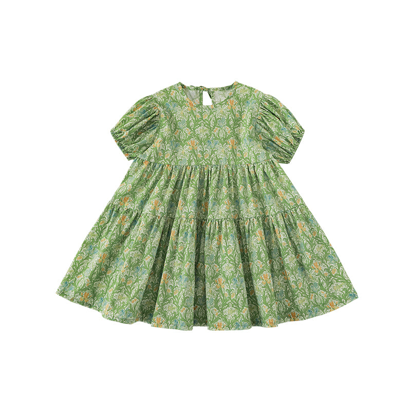Front view of girls summer green floral dress with puff sleeves