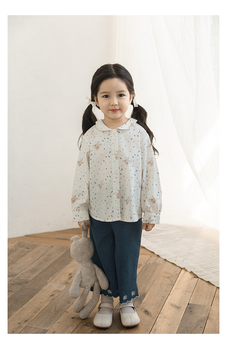 Girls Bunny Floral Button-Down Blouse, Ivory