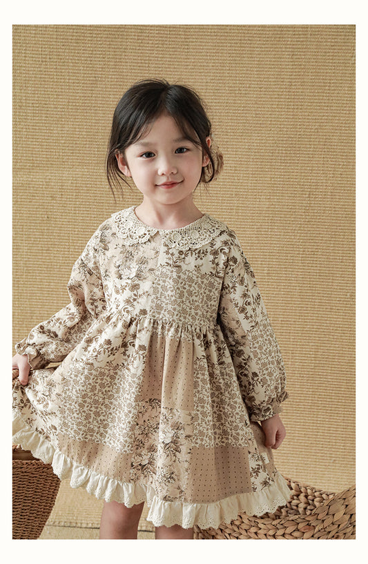 Girls Lace Collar Ruffle-Hem Patchwork Dress, Ivory Floral