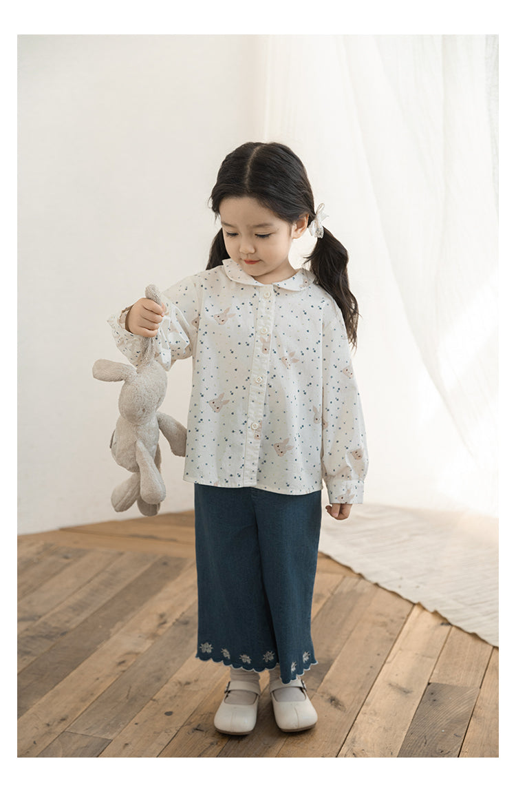 Girls Bunny Floral Button-Down Blouse, Ivory