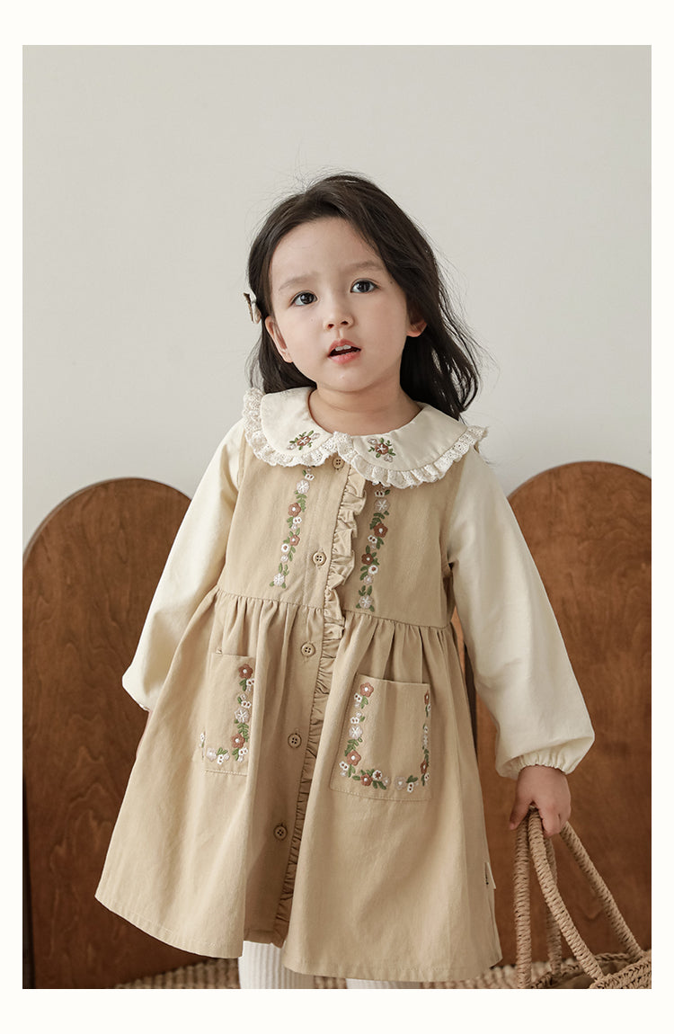 Girls Floral Embroidered Button-Front Dress, Beige
