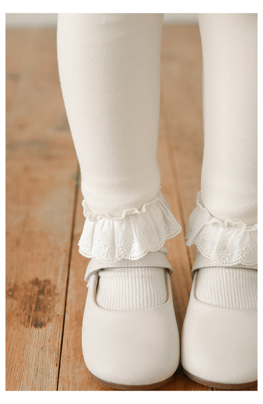 Girls Lace-Trim Ribbed Knit Cotton Leggings, Buttercream