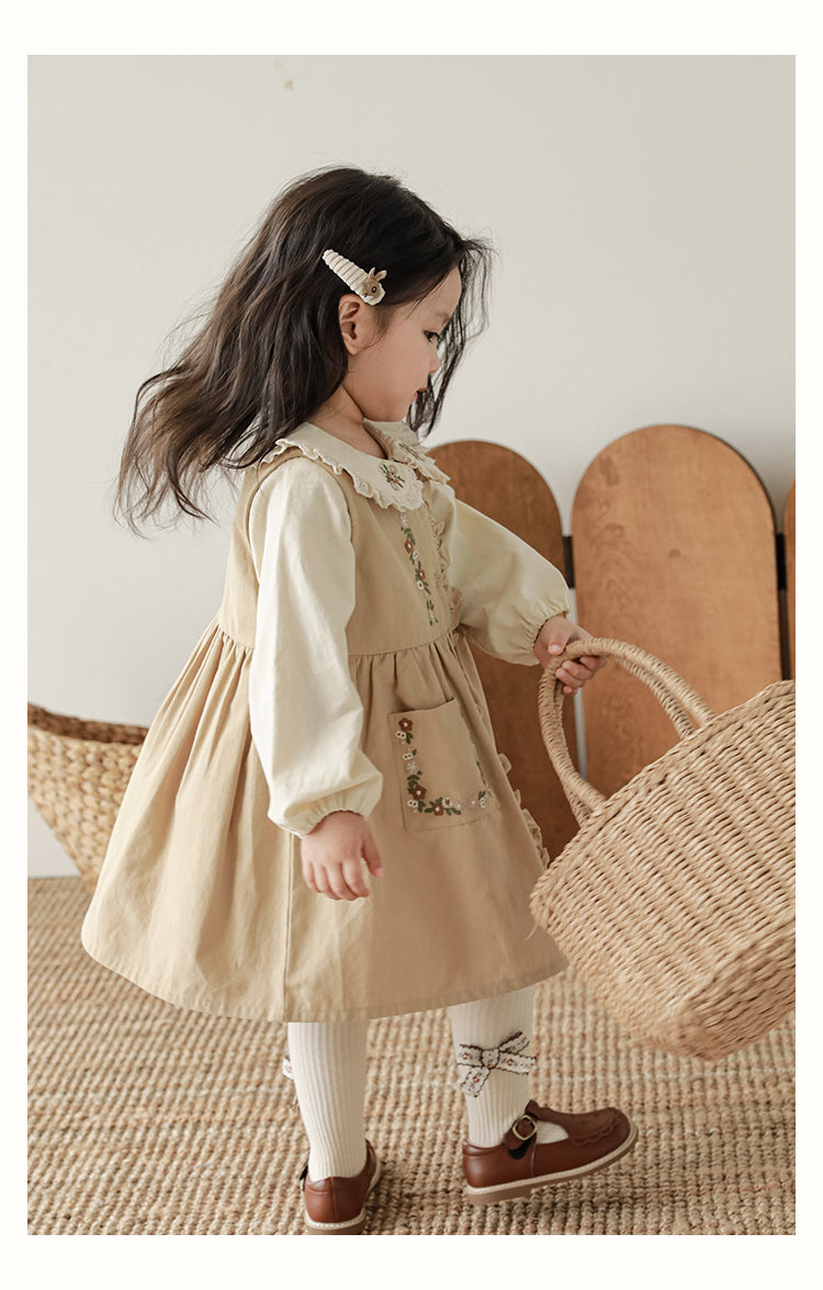 Girls Floral Embroidered Button-Front Dress, Beige