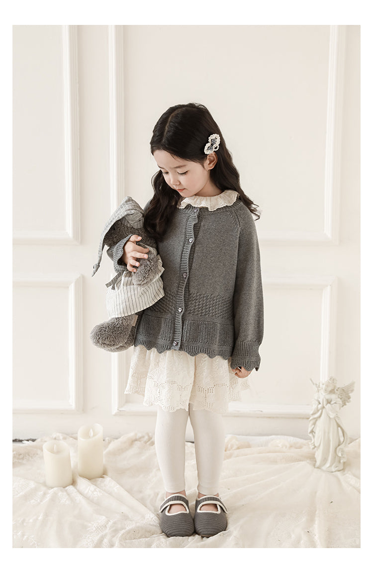 Girls Scalloped Textured Knit Cardigan, Medium Grey