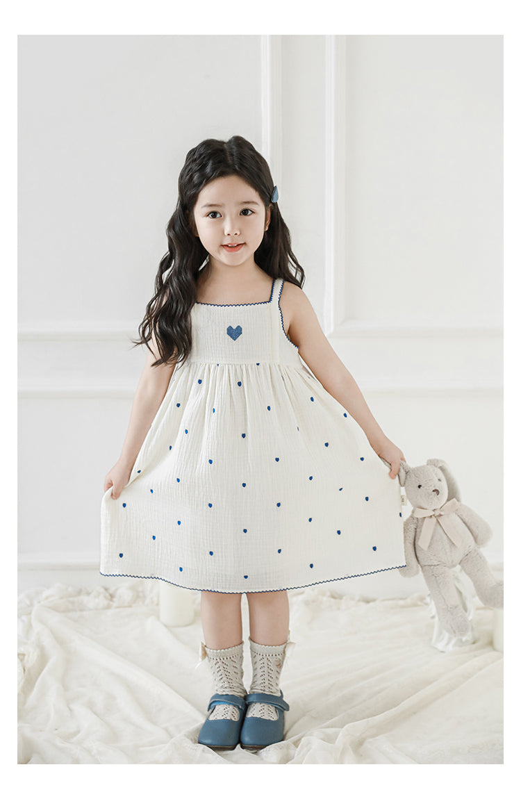 Baby Girl Muslin Strap Dress, Heart Embroidery