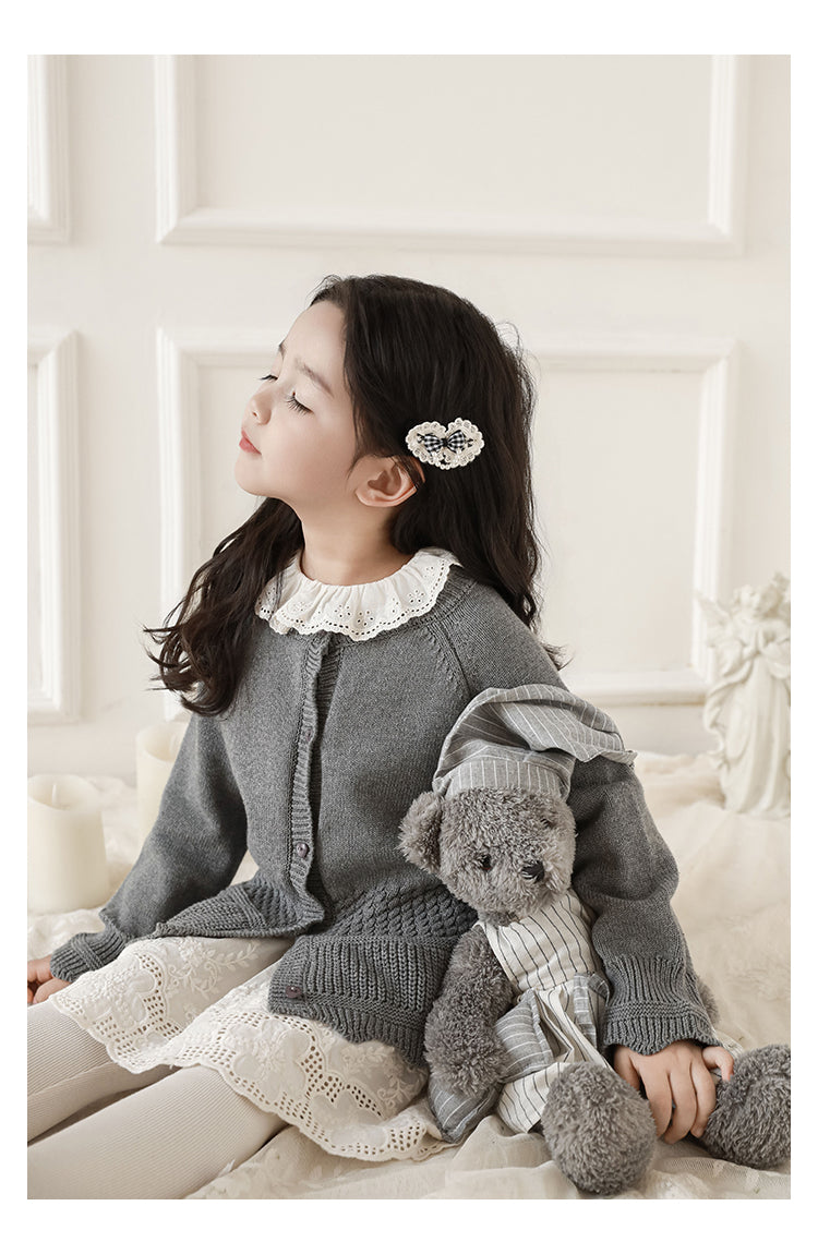 Girls Scalloped Textured Knit Cardigan, Medium Grey