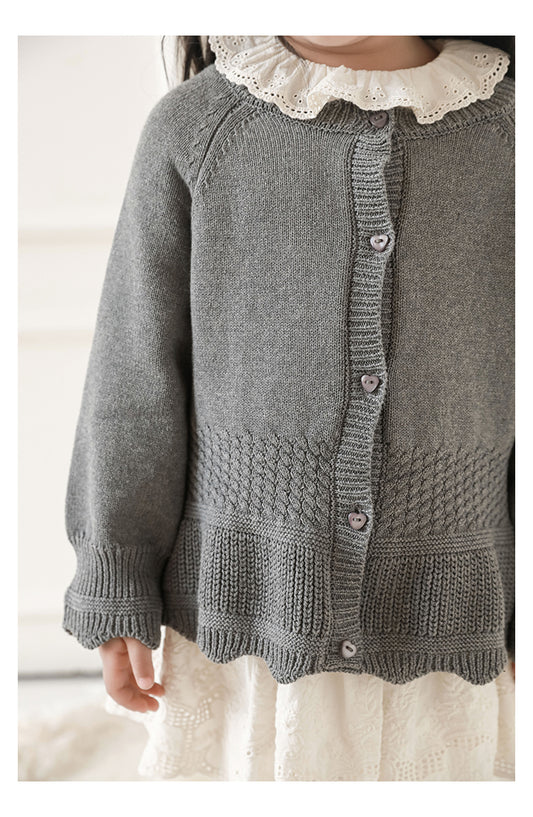 Girls Scalloped Textured Knit Cardigan, Elephant Grey