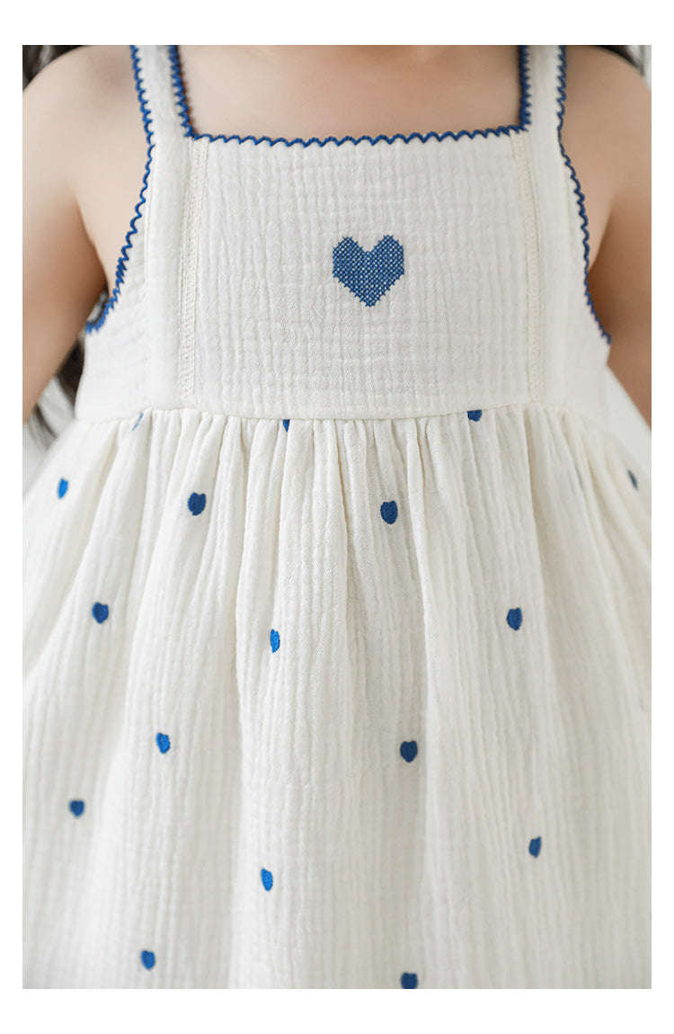 Baby Girl Muslin Strap Dress, Heart Embroidery