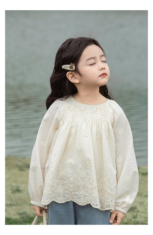 Girls Floral Embroidered Smocked Blouse, Cream