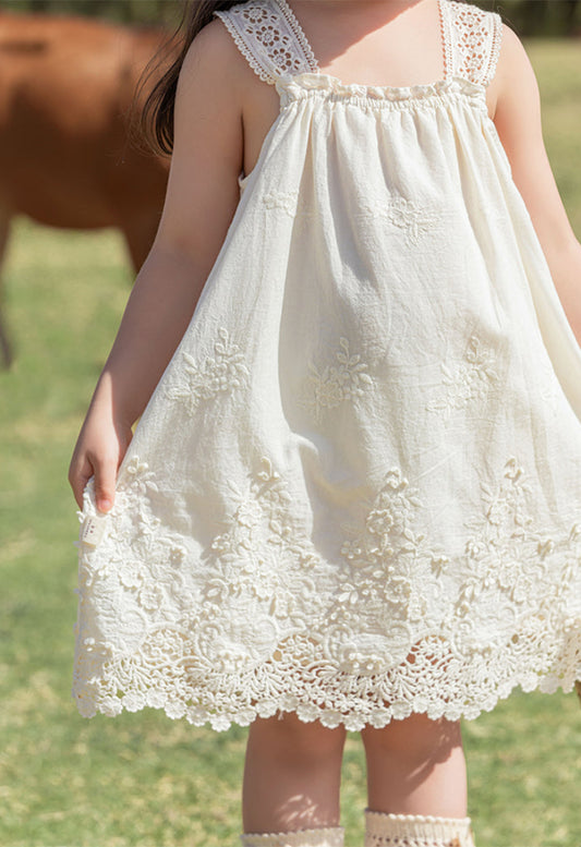 Elodie Floral Embroidered Broderie Strap Dress, Ivory