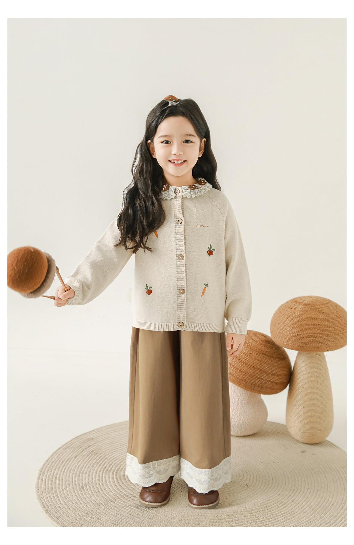 Girls Lace Hem Wide-Leg Trousers, Camel
