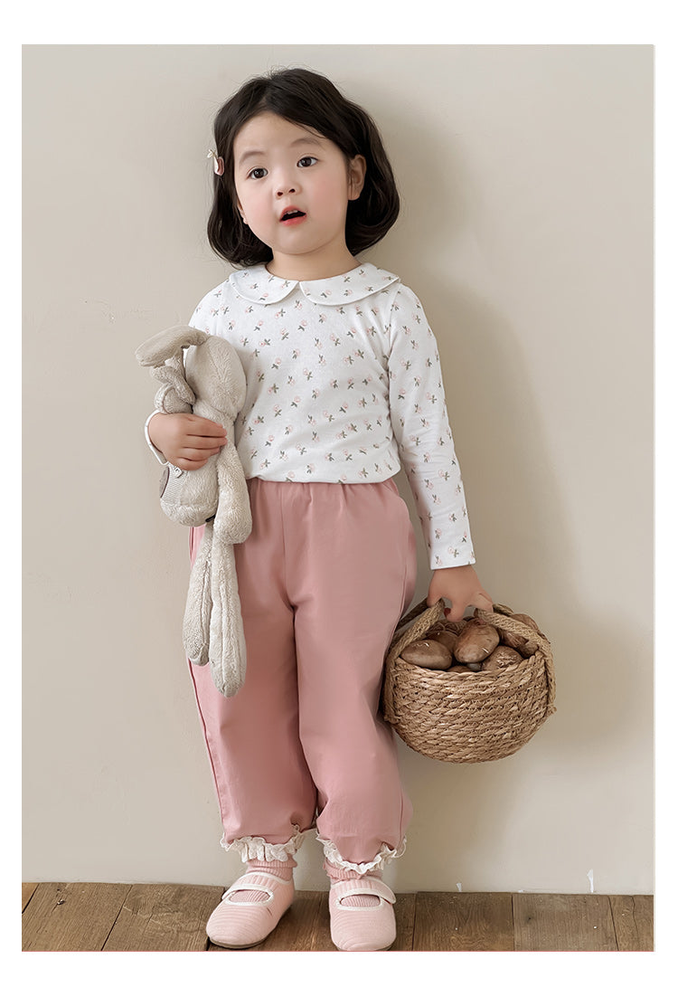Girls Cotton Lace Hem Trousers, Dusty Pink