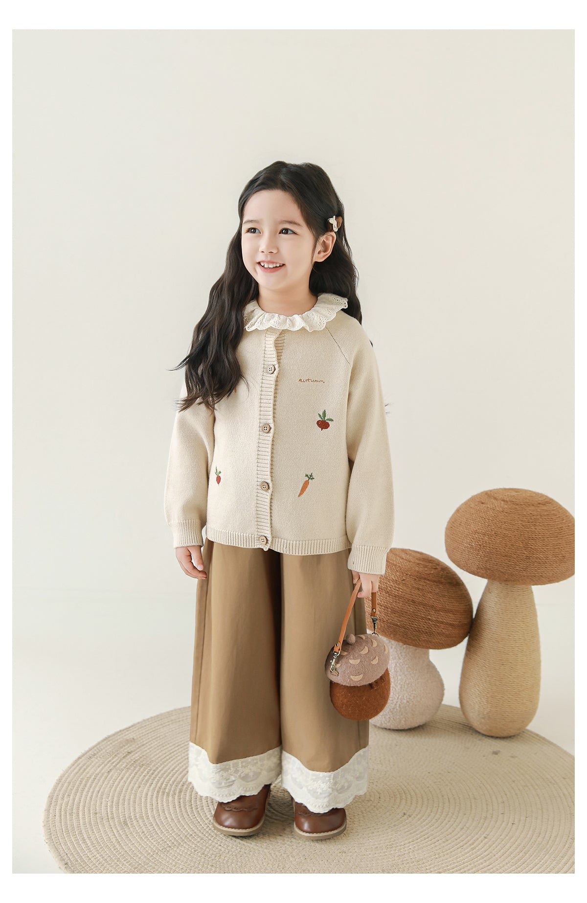 Girls Lace Hem Wide-Leg Trousers, Camel