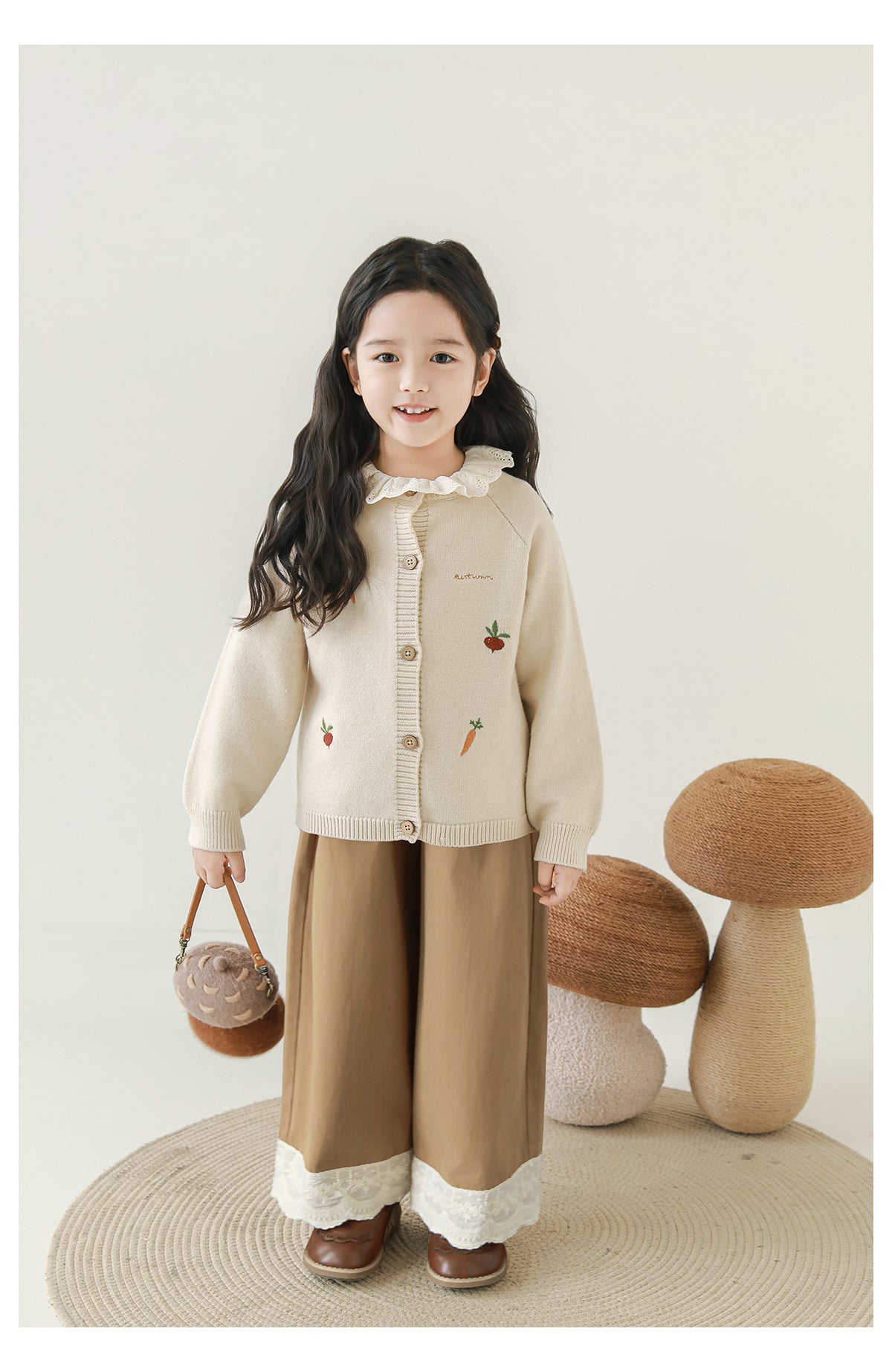 Girls Lace Hem Wide-Leg Trousers, Camel