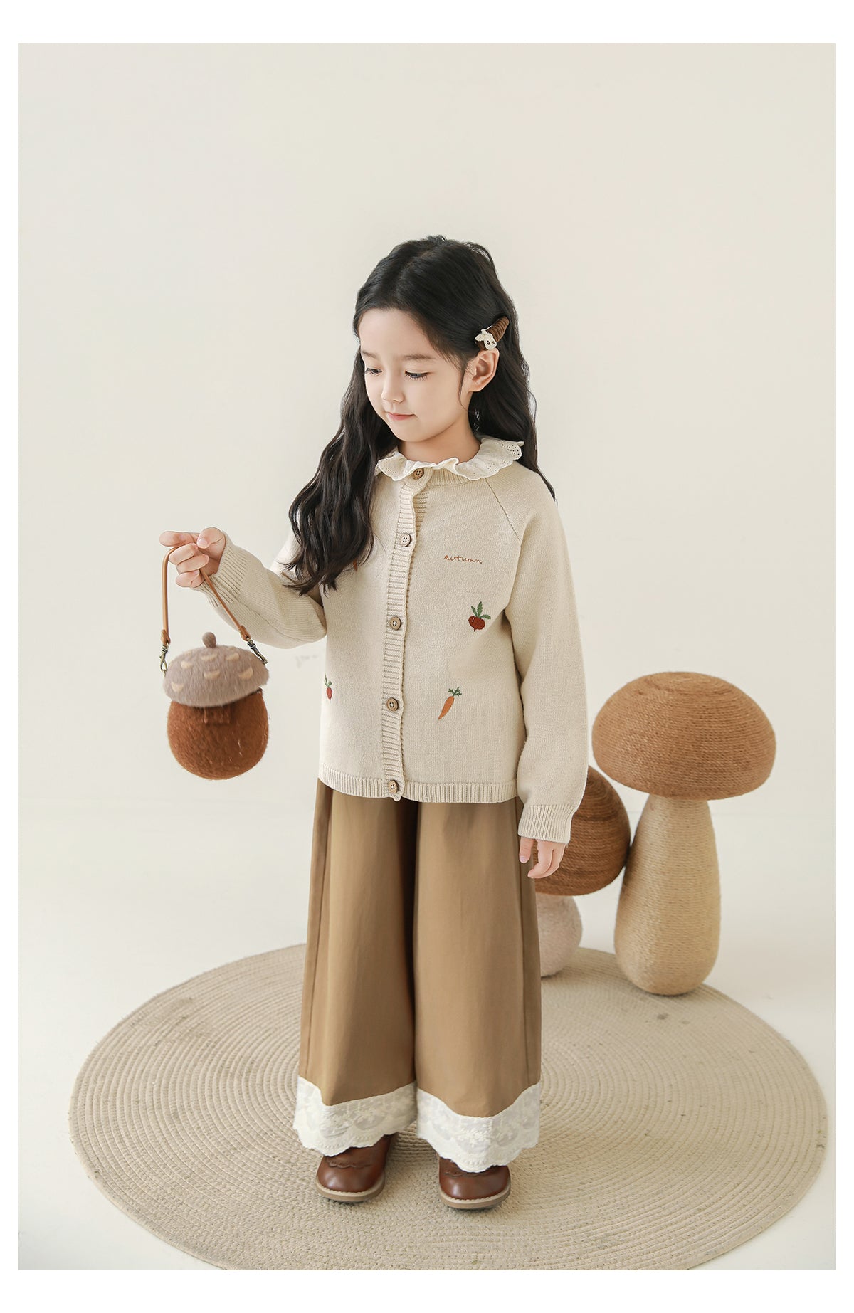 Girls Lace Hem Wide-Leg Trousers, Camel