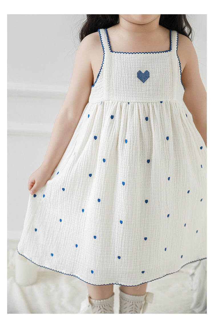 Baby Girl Muslin Strap Dress, Heart Embroidery
