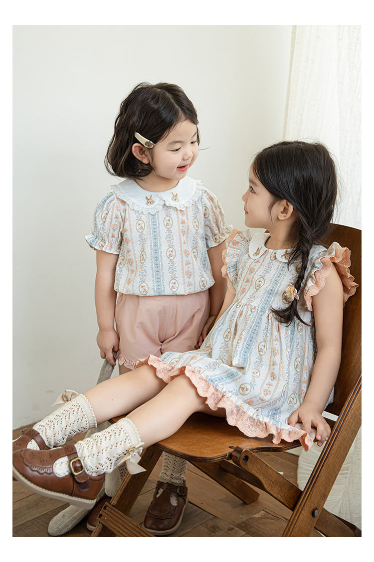 Girls Embroidered Collar Ruffled Dress, Bunny & Floral