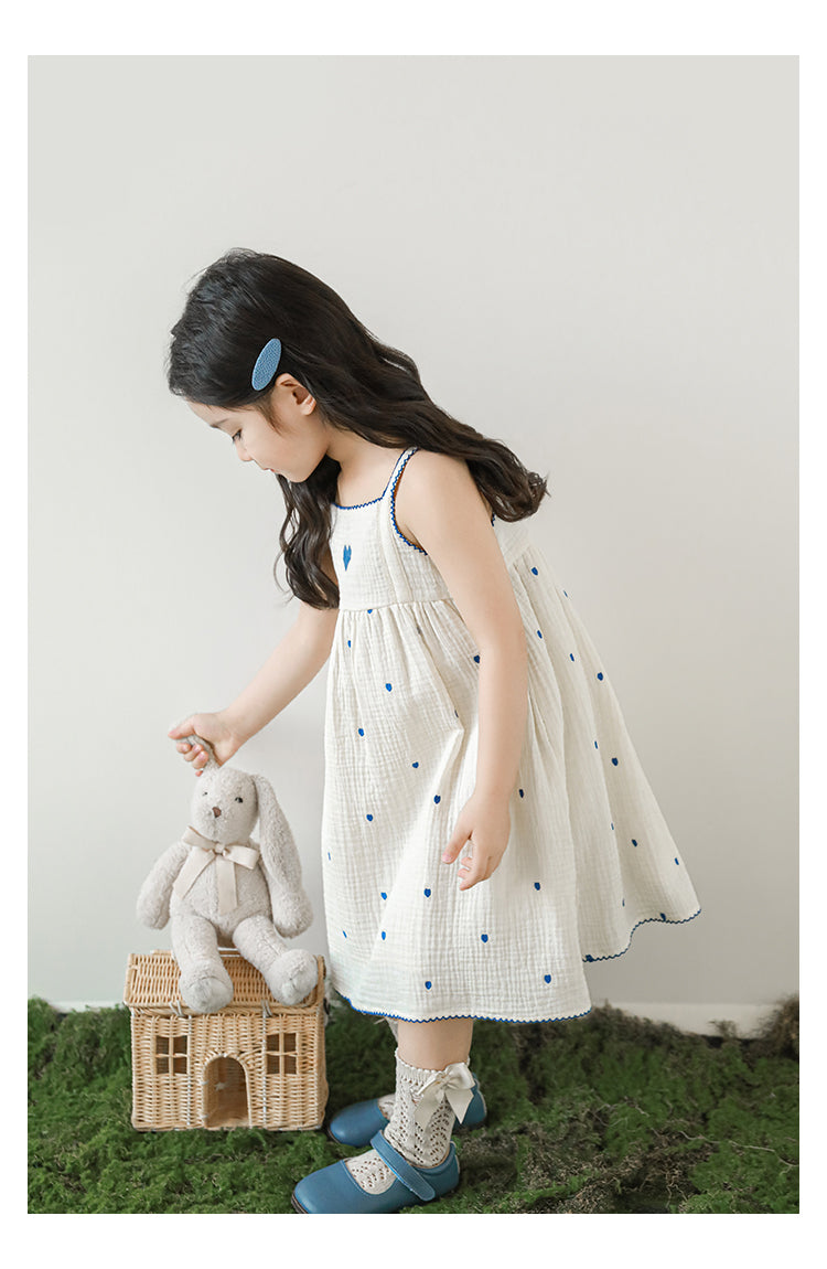 Baby Girl Muslin Strap Dress, Heart Embroidery