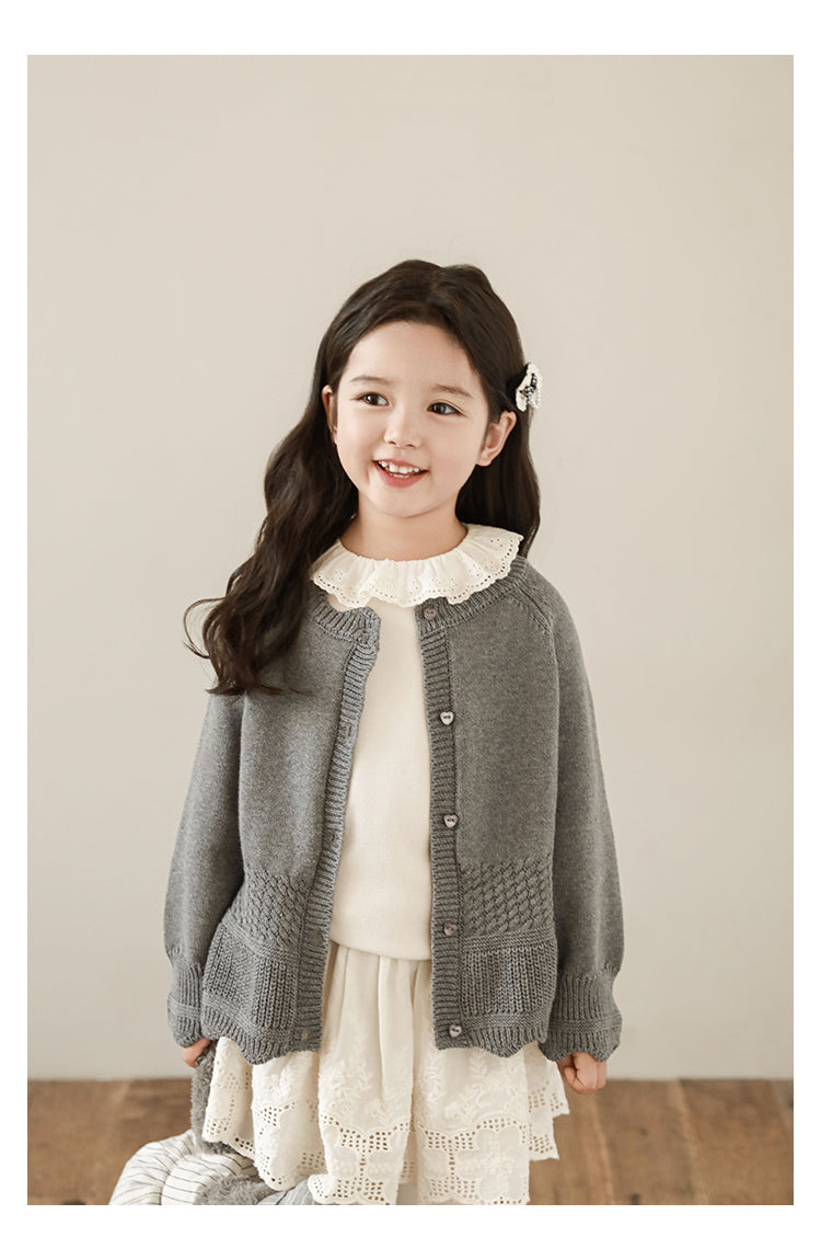 Girls Scalloped Textured Knit Cardigan, Medium Grey