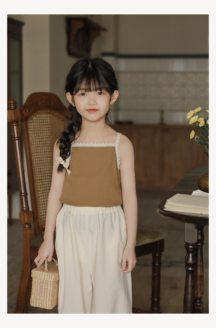 Girls Lace Trim Ribbed Strap Top, Khaki
