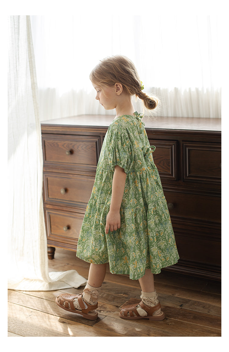 Girls Floral Tie-Back Dress, Summer Green