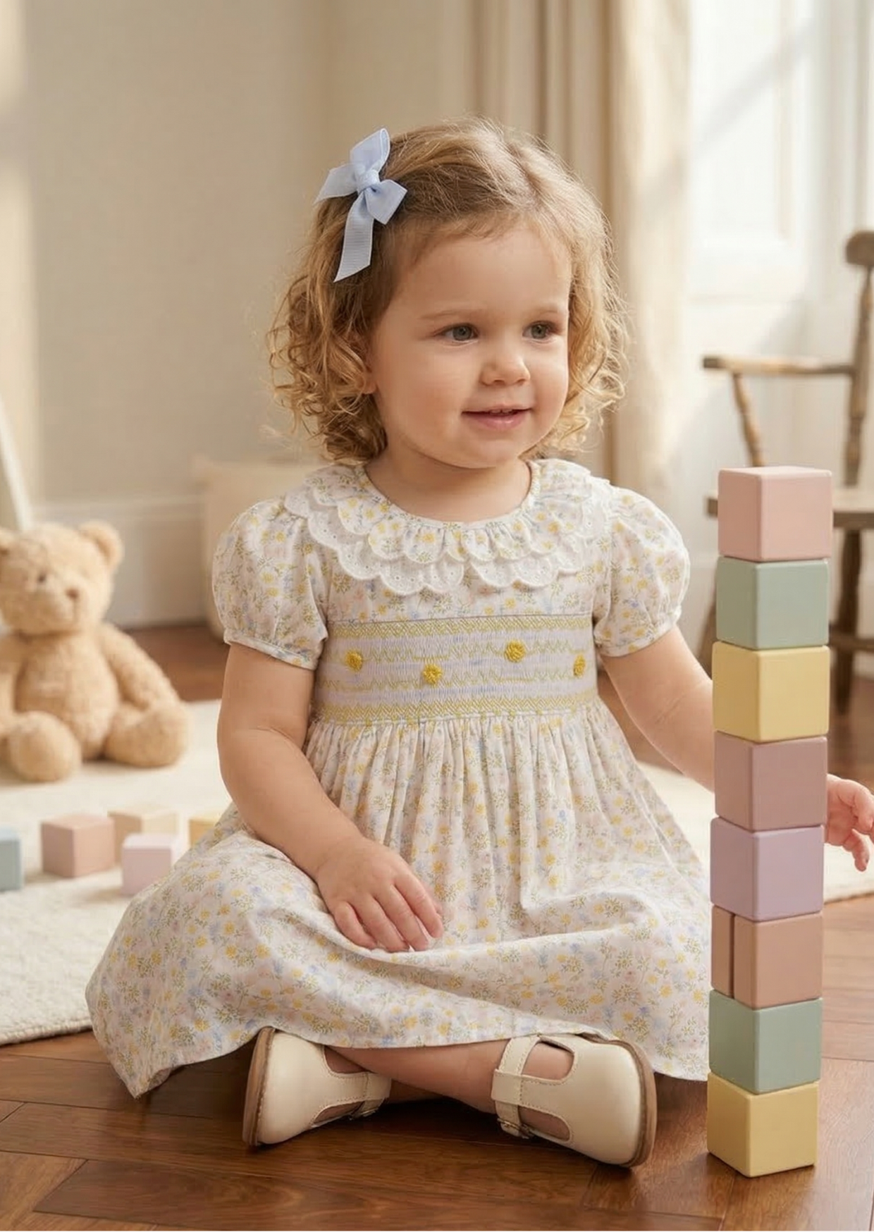 Bella Broderie Collar Smock Dress, Honey Blossom