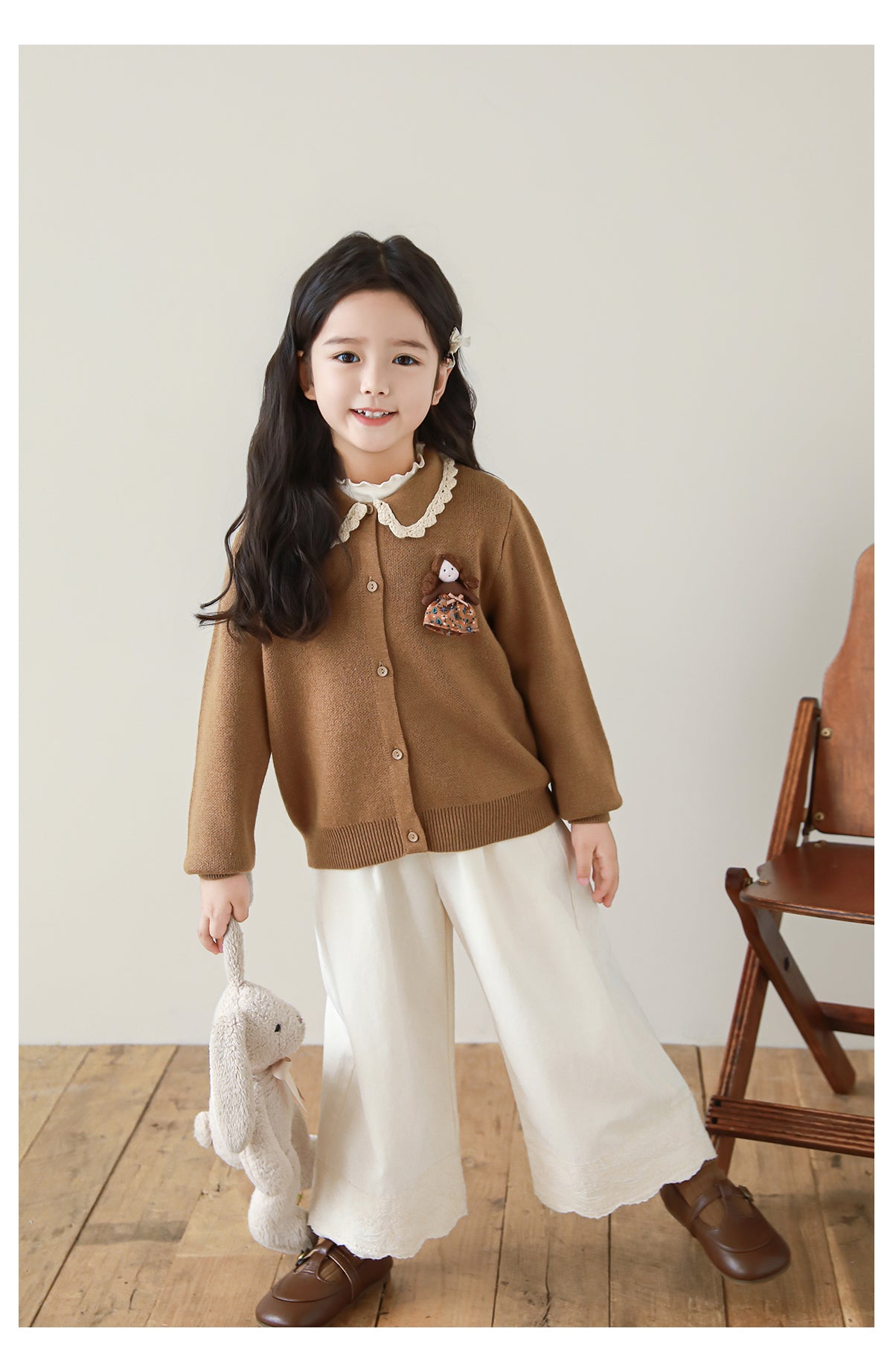 Girls Lace Trim Wide-Leg Trousers, Ivory
