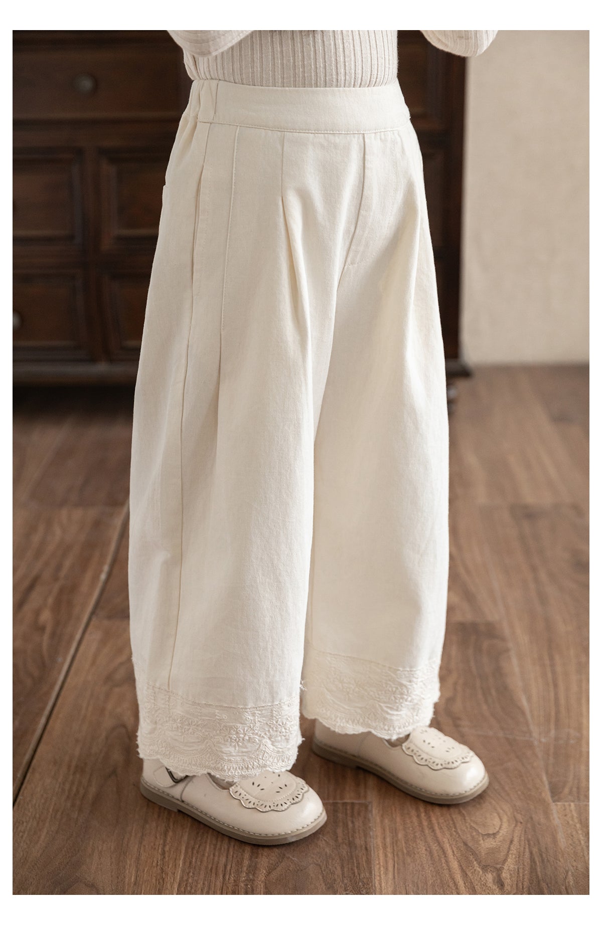 Girls Lace Trim Wide-Leg Trousers, Ivory