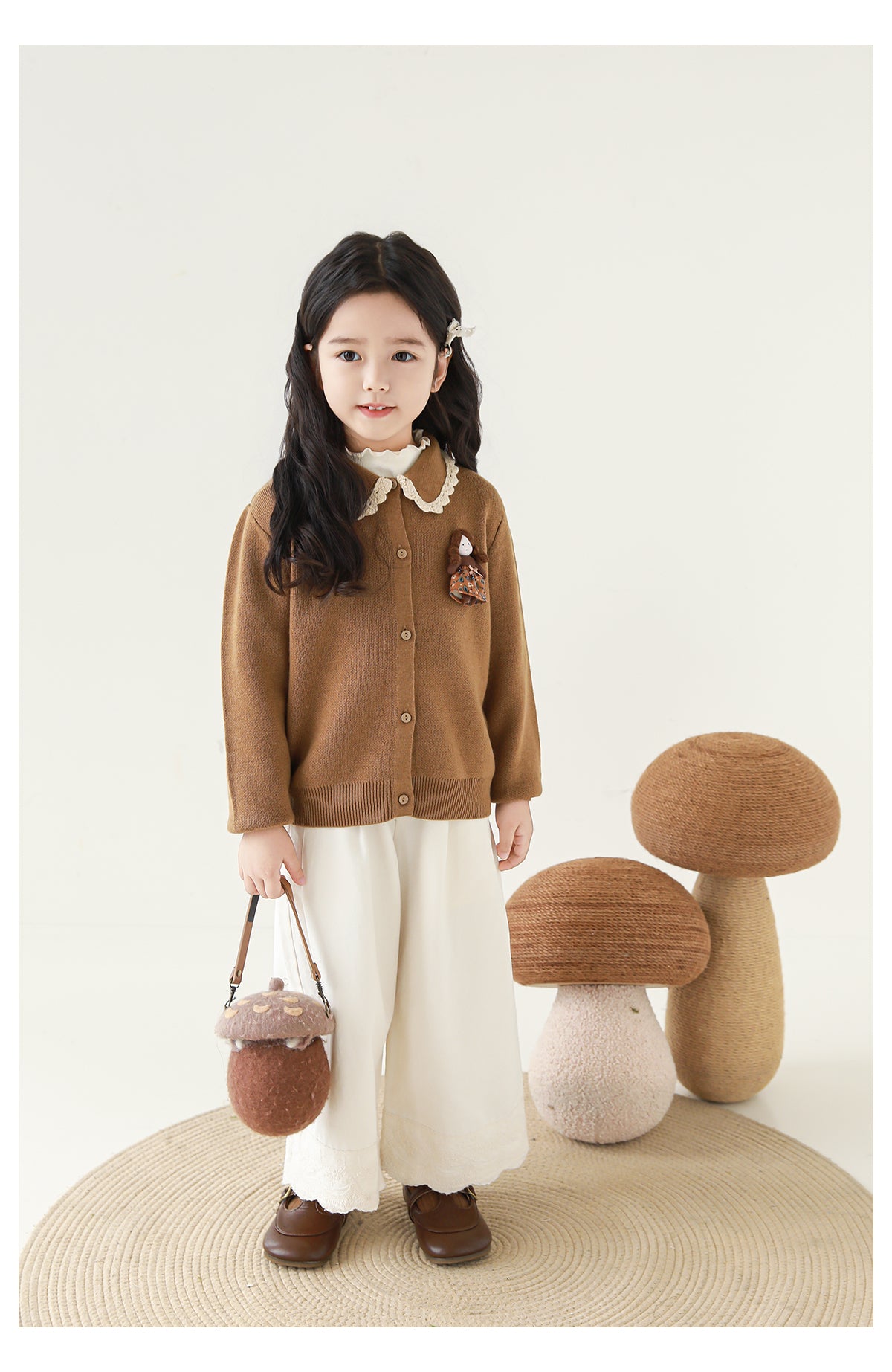 Girls Lace Collar Doll Detail Cardigan, Camel