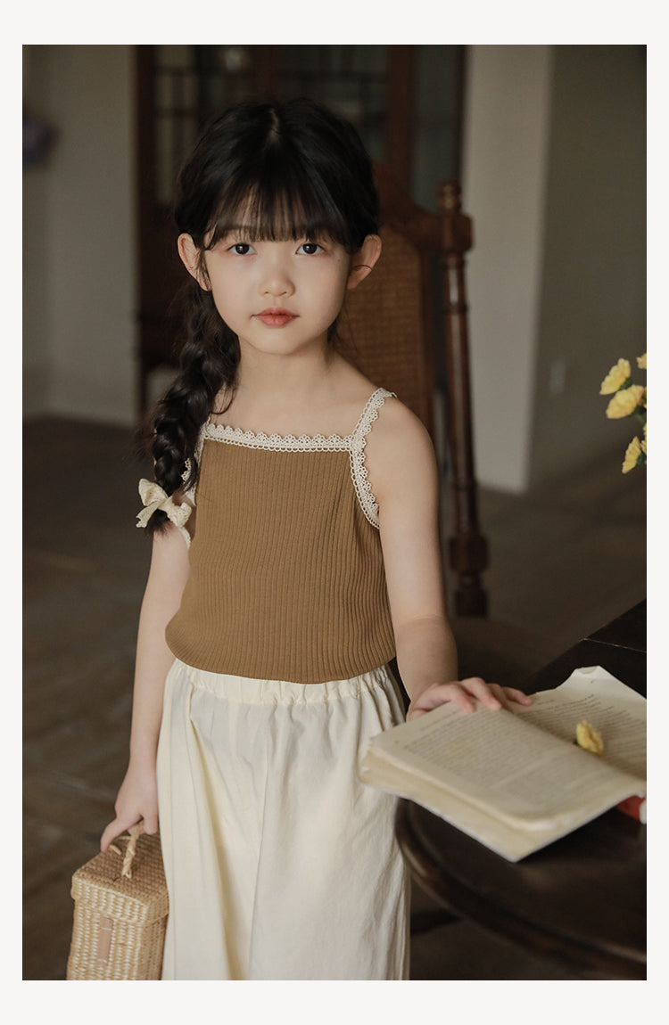 Girls Lace Trim Ribbed Strap Top, Khaki