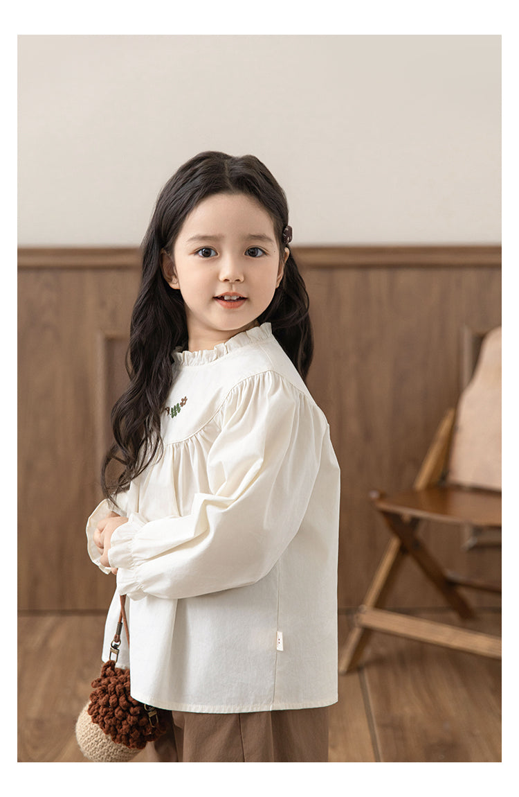 Girls Embroidered Ruffled Doll Blouse, Ivory White