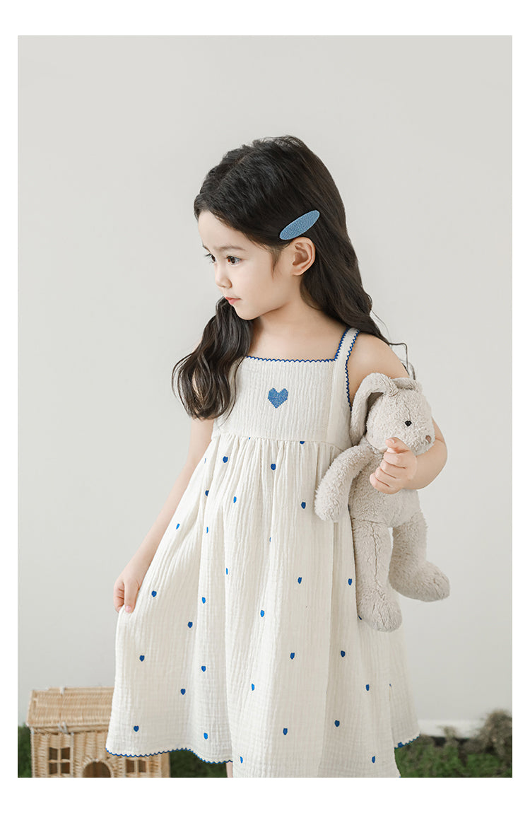 Baby Girl Muslin Strap Dress, Heart Embroidery