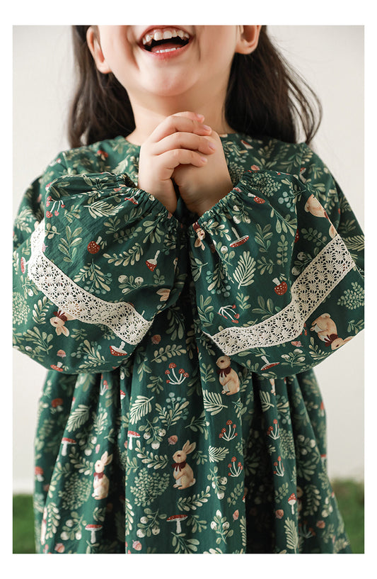 Girls Floral Lace Detail Dress, Forest Green