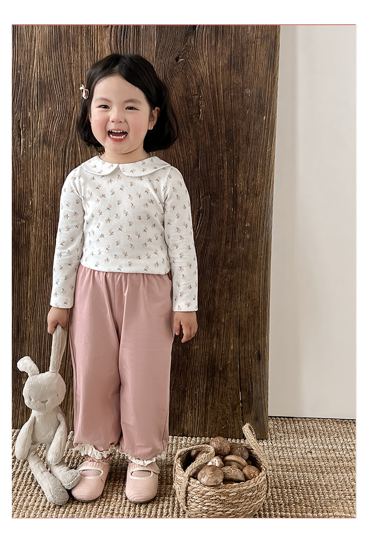 Girls Cotton Lace Hem Trousers, Dusty Pink