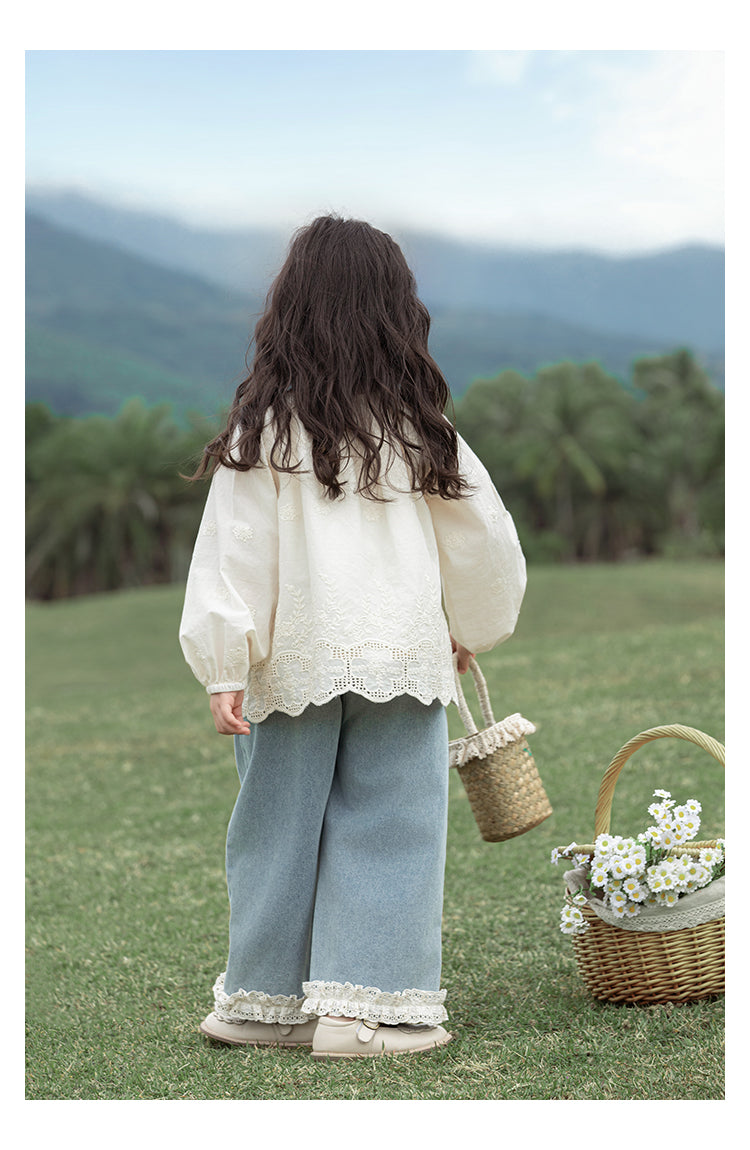 Girls Floral Embroidered Broderie Blouse, Ivory