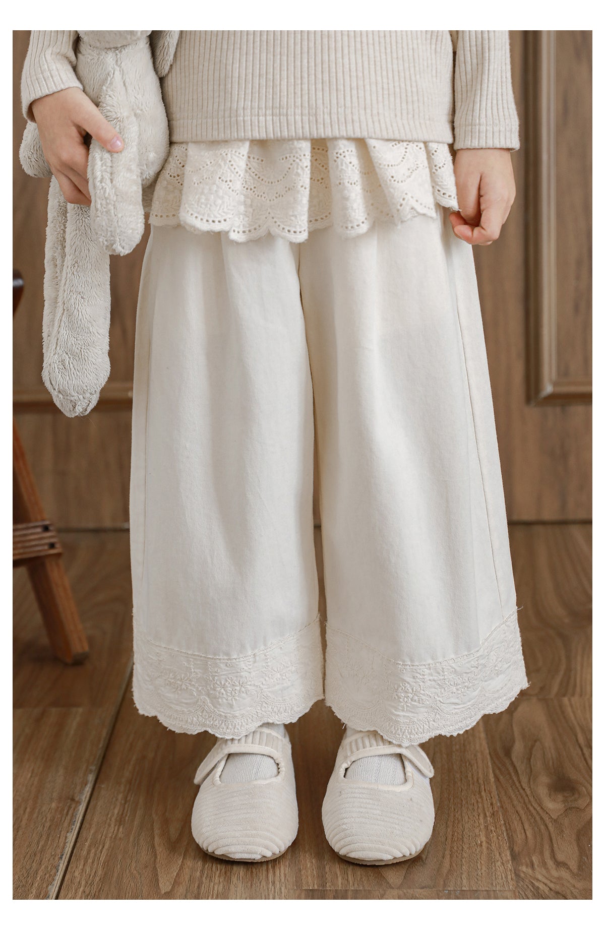 Girls Lace Trim Wide-Leg Trousers, Ivory