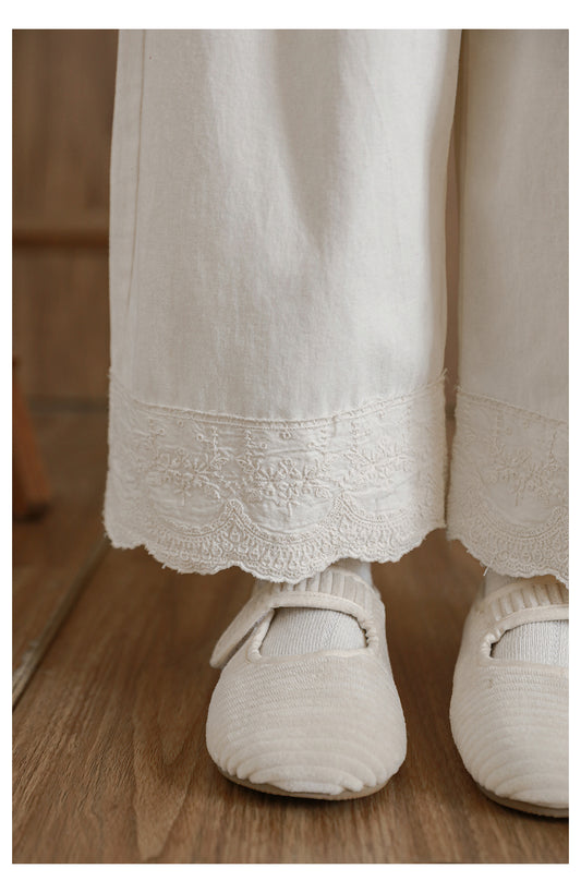 Girls Lace Embroidered Pleated Trousers, Ivory