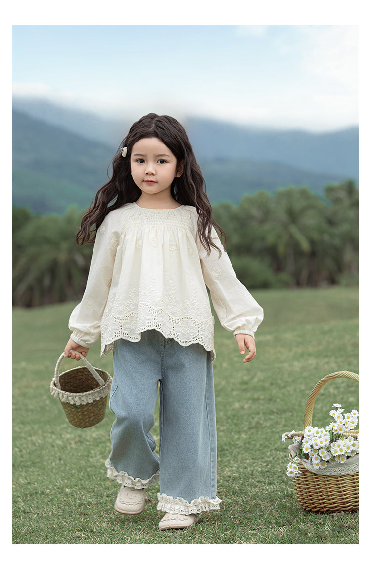 Girls Straight Leg Lace Hem Jeans, Light Blue