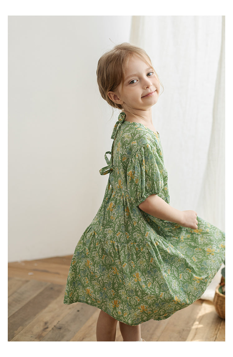 Girls Floral Tie-Back Dress, Summer Green