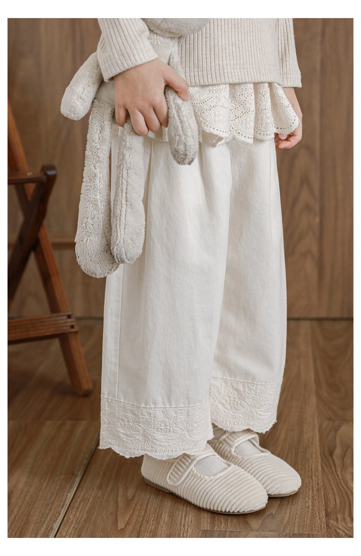 Girls Lace Trim Wide-Leg Trousers, Ivory