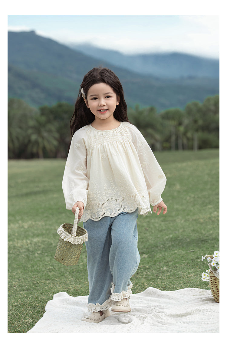 Girls Floral Embroidered Broderie Blouse, Ivory