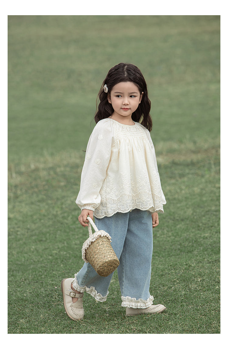 Girls Straight Leg Lace Hem Jeans, Light Blue