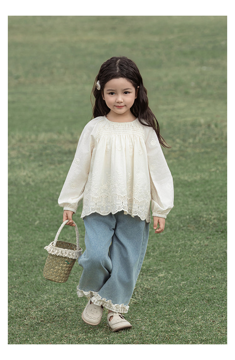 Girls Floral Embroidered Broderie Blouse, Ivory