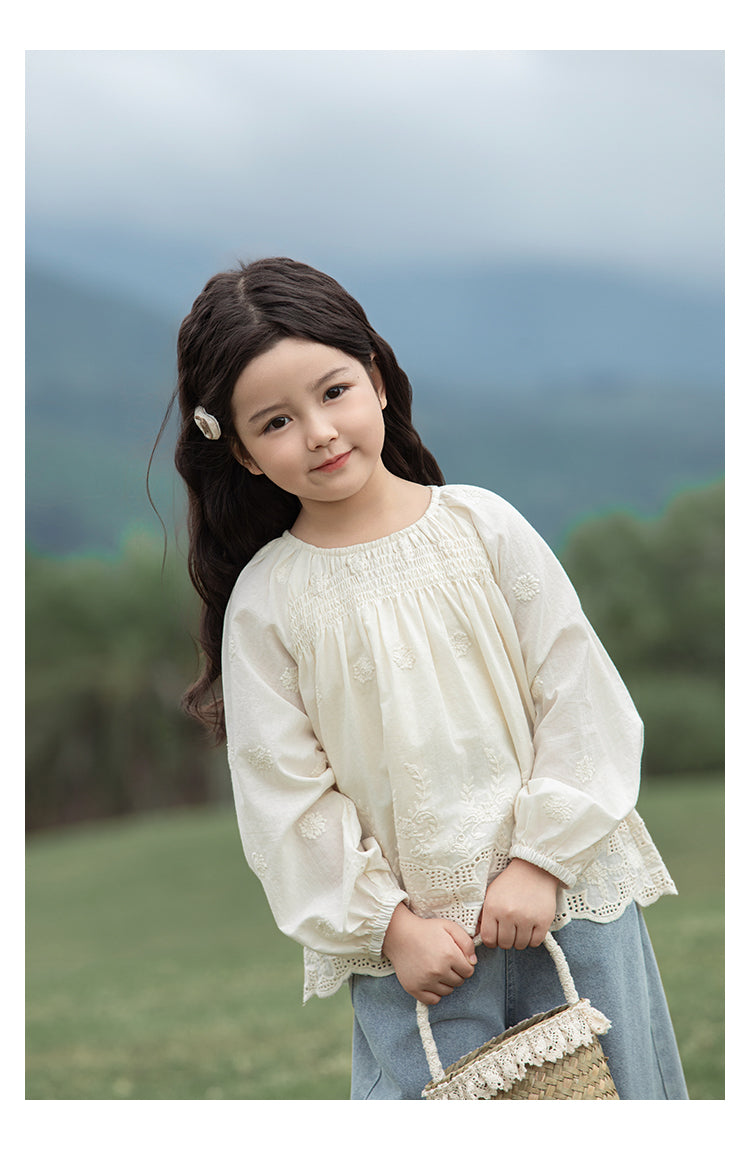 Girls Floral Embroidered Broderie Blouse, Ivory