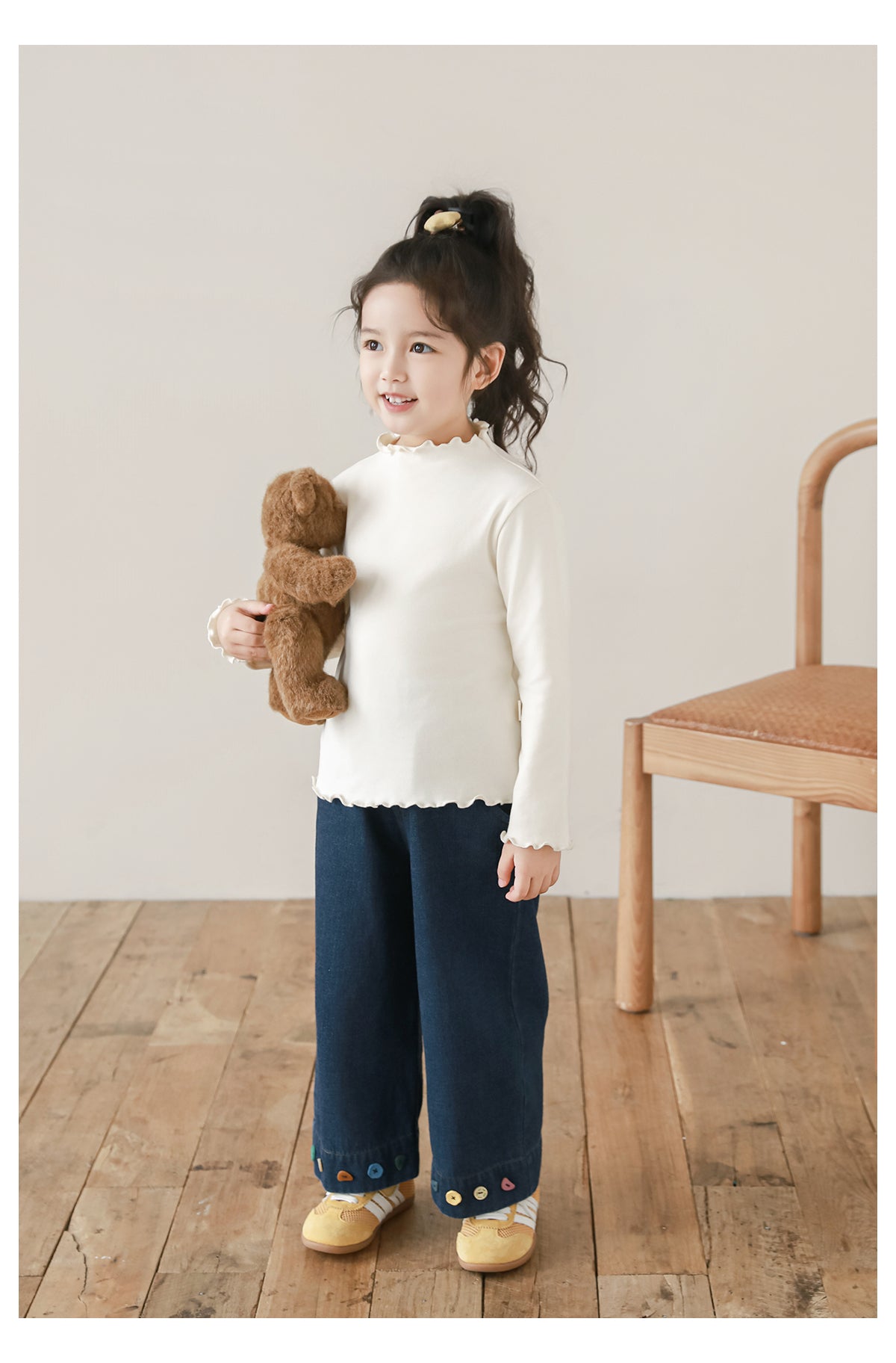 Girls Button Detailed Frill Trimmed Top, Ivory