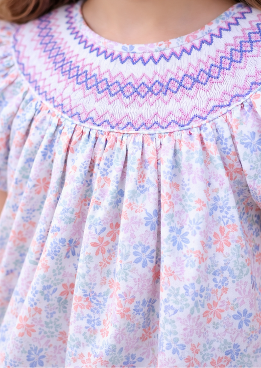 Amelia Smock Bishop Dress, Lavender Garden
