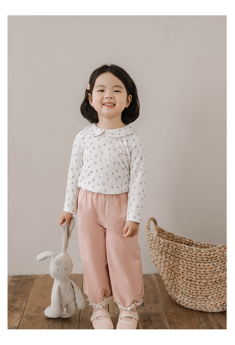 Girls Cotton Lace Hem Trousers, Dusty Pink