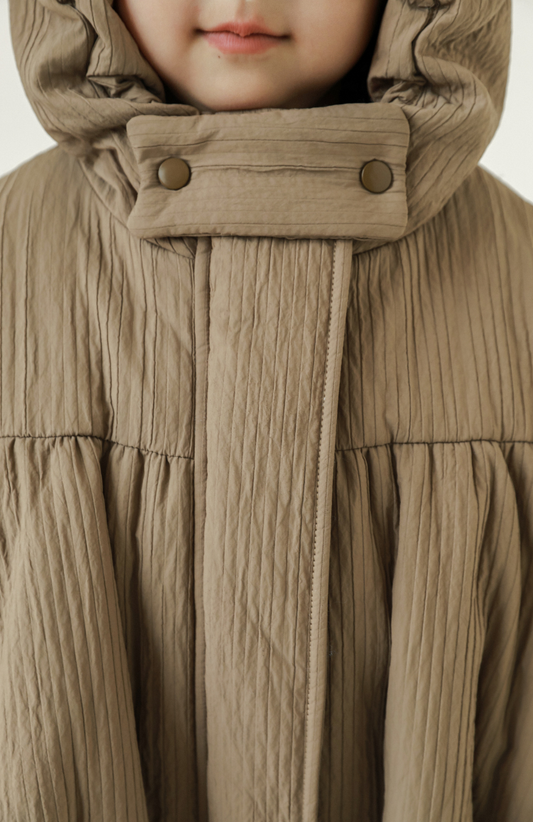 Girls Stripe Quilted Textured Puffer Coat, Mocha Beige